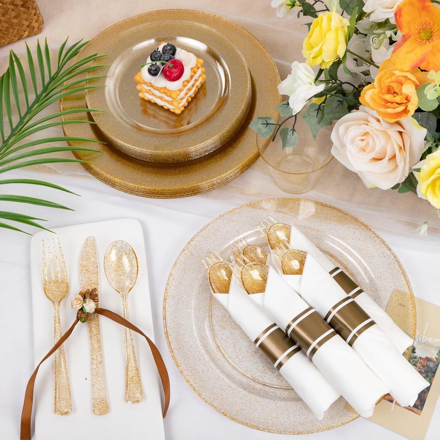 WELLIFE 350-Piece Gold Disposable Plates and Cutlery Set - Premium 10.25" Dinner Plates, 7.5" Dessert Plates, 9oz Cups & Cutlery for Weddings, Catering Events - 50 Guest Service - Elegant & Sturdy