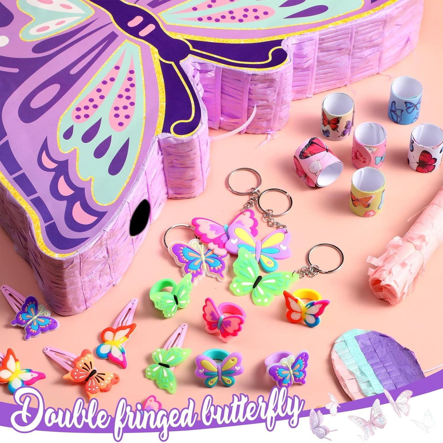 Pasimy 51 Pcs Butterfly Piñata Set Butterfly Birthday Party Supplies Piñata with Stick Blindfold Sticker Hairpin Ring Slap Bracelet Keychain Party Favors for Family Game Decoration(Pink)