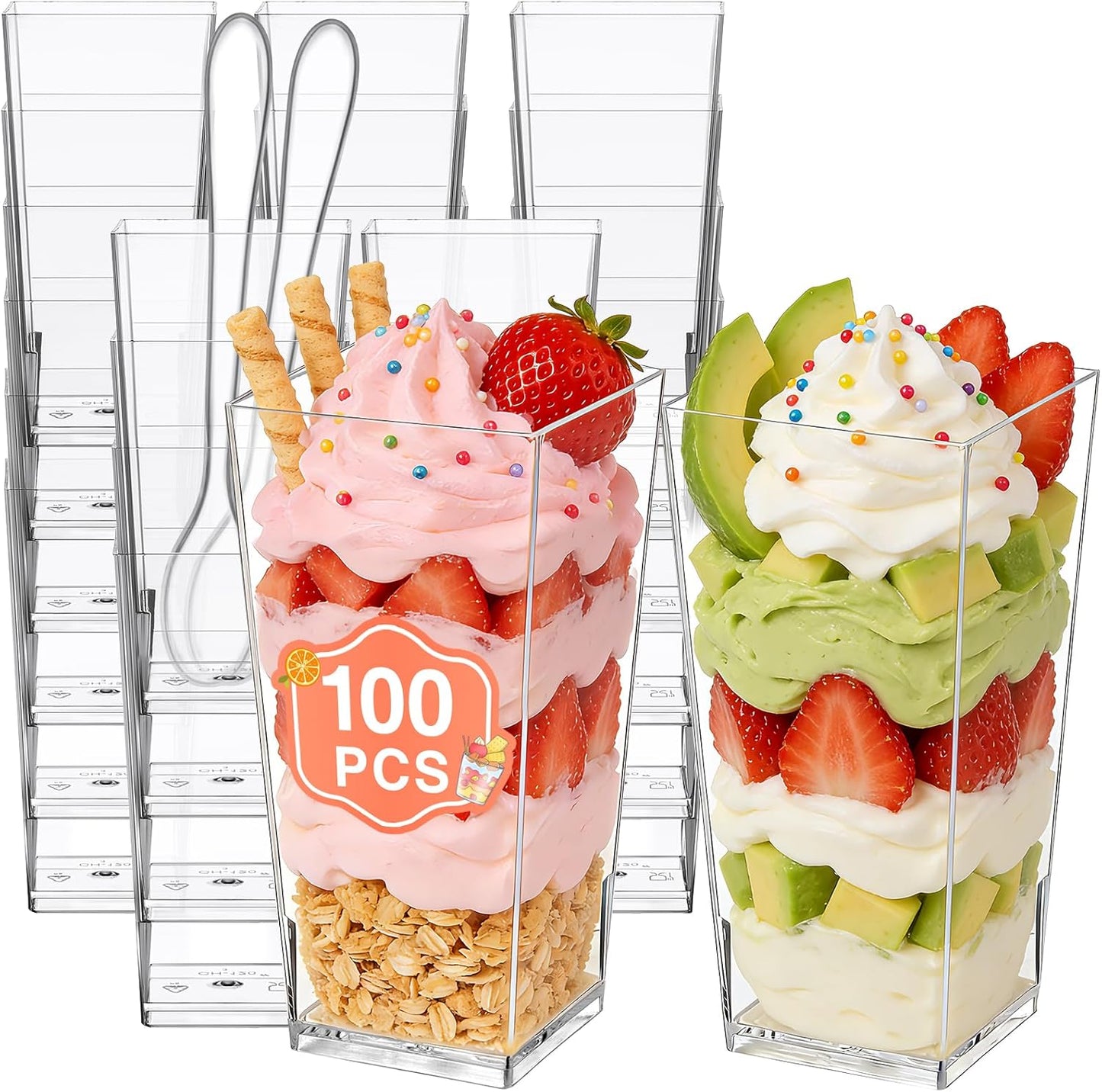 Eupako 3 oz Plastic Dessert Shooter Cups with Spoons - 100 Pack Mini Clear Slanted Appetizer Cup, Small Dessert Cup for Jello Shots, Parfait, Puddings, Mousse