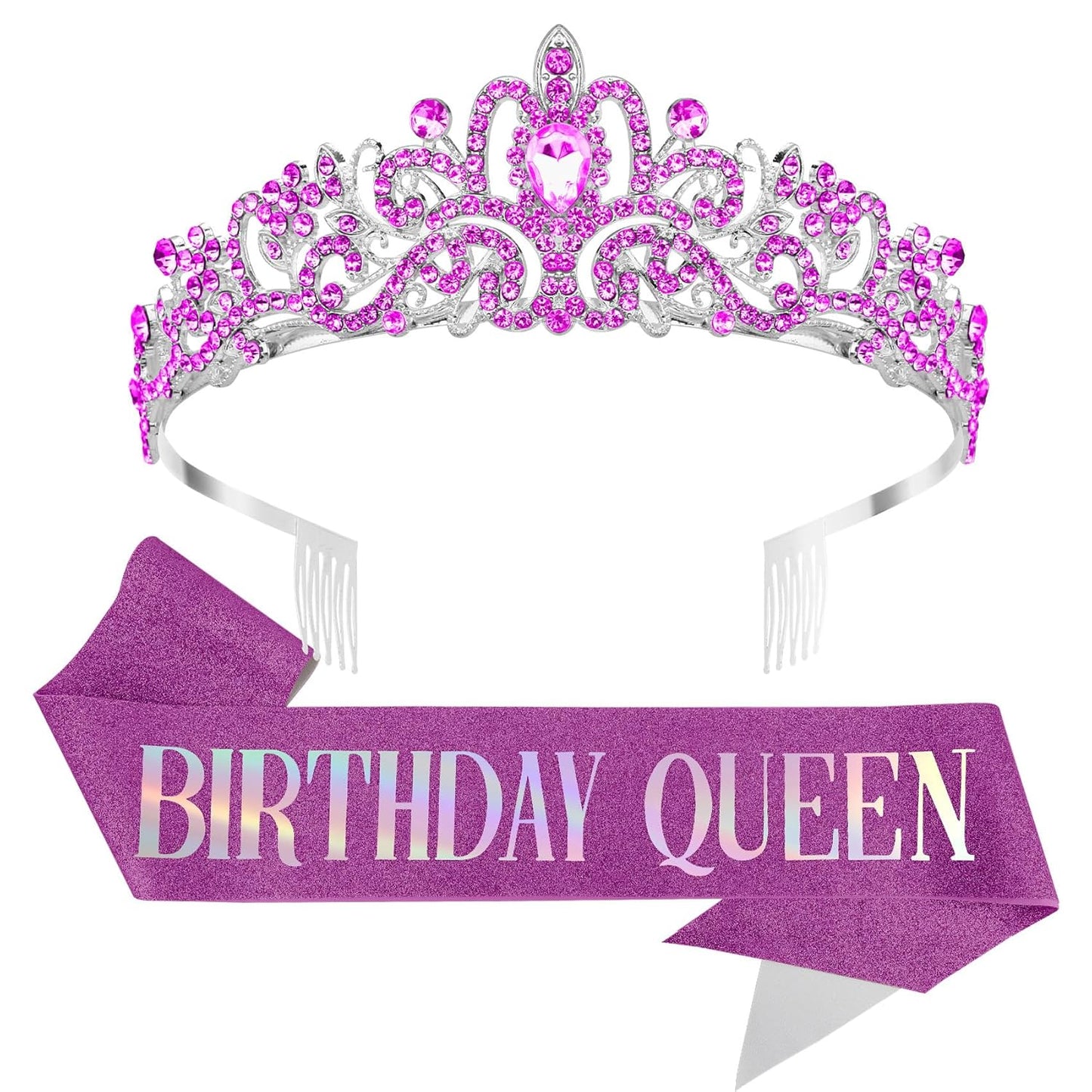 Birthday Sash for Women,Birthday Crown Tiaras for Women,Gold Rhinestone Queen Sash and Crown Tiara Headband for Party Decorations