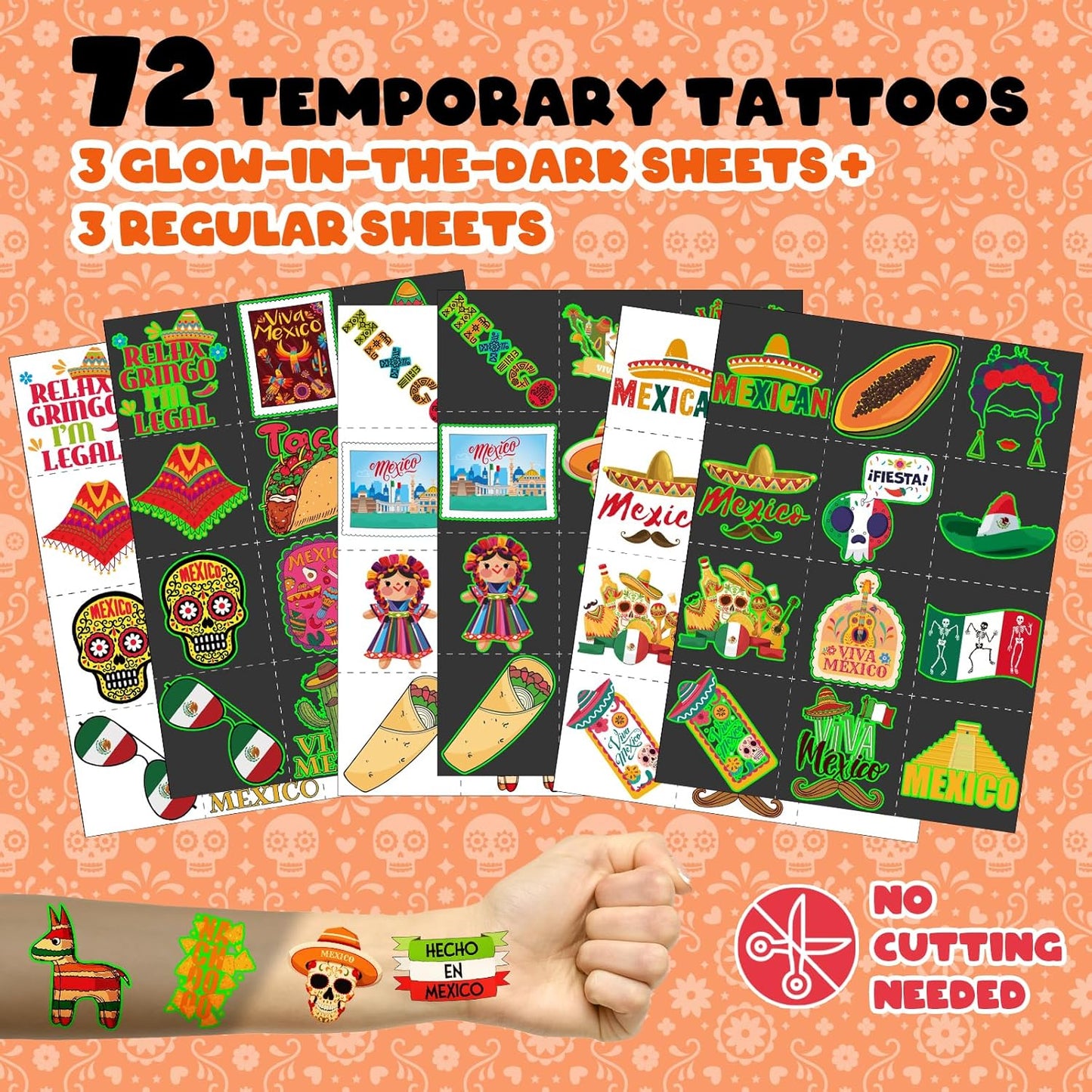 96 PCS Mexican Fiesta Party Favors – 72 Glow & Regular Tattoos + 24 Slap Bracelets, Perfect for Cinco de Mayo, Birthdays & Cultural Celebrations
