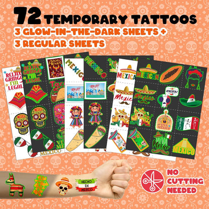 96 PCS Mexican Fiesta Party Favors – 72 Glow & Regular Tattoos + 24 Slap Bracelets, Perfect for Cinco de Mayo, Birthdays & Cultural Celebrations