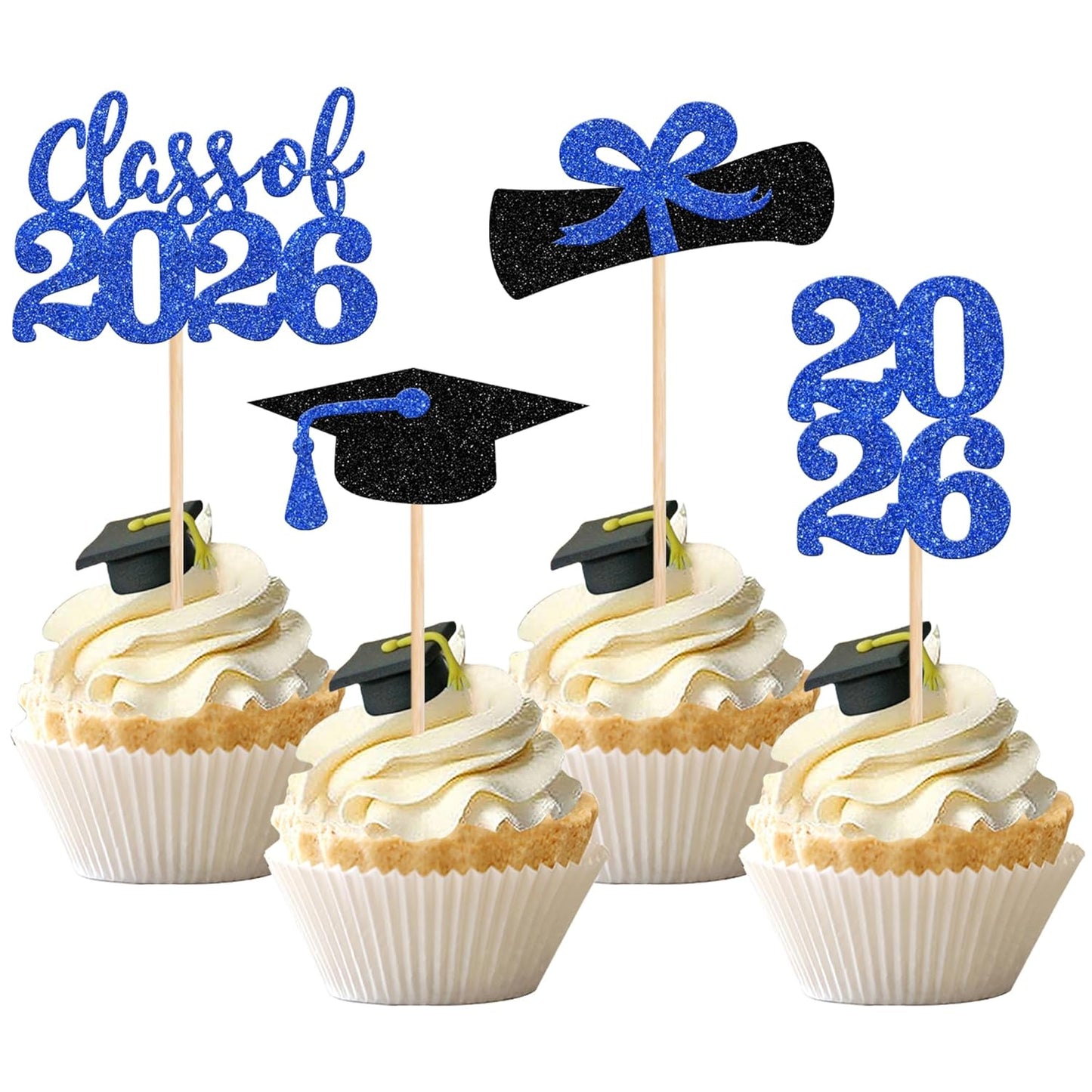 36 PCS 2026 Graduation Theme Cupcake Toppers Glitter Class of 2026 Grad Cap Diploma Cupcake Picks 2026 Graduation Theme Party Cake Decorations Supplies Deep Blue