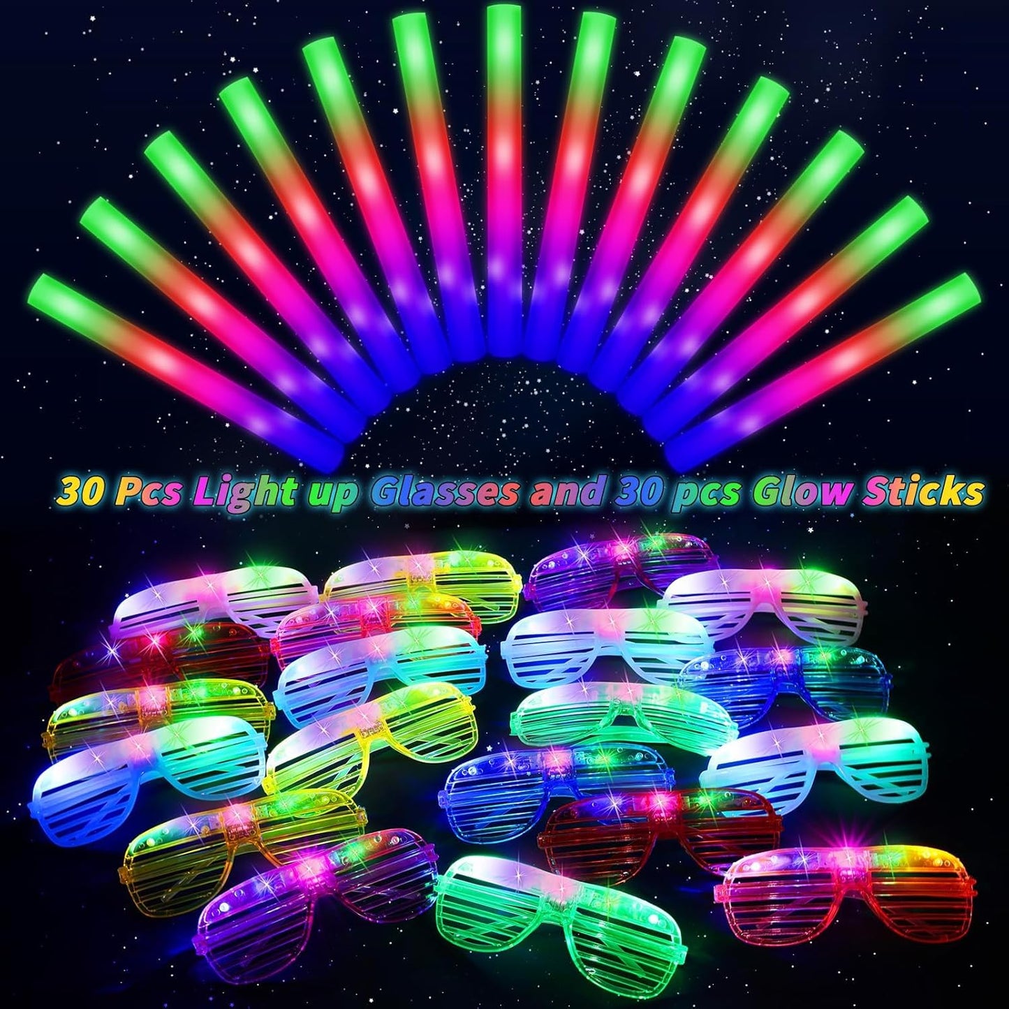 Oleitodh Glow in the Dark Party Supplies Set Bulk Neon Party Favor Toys Includes 30 Led Light up Glasses 10 Color 30 Light up Foam Sticks Bulk for Disco Wedding Birthday Concert Halloween Raves Party