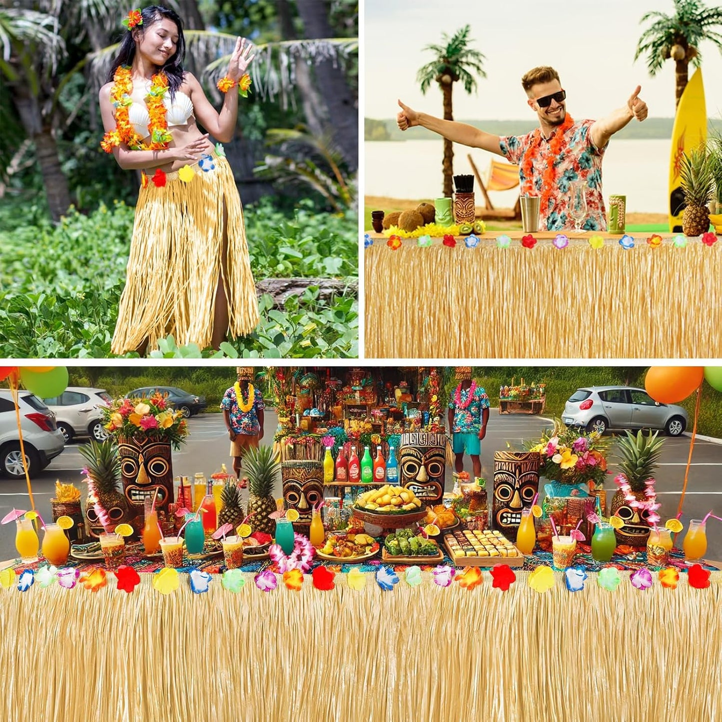 2 Pack Table Skirt Luau Party Decorations, Flower 53.2" X 29.5" Grass Table Skirts for Luau Party Summer Tropical Hawaiian Party Decorations (A-2 Pack)