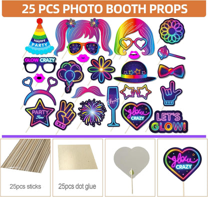 25pcs Neon Glow Party Photo Booth Props with Let's Glow Inflatable Selfie Photo Booth Frame - Funny Neon Selfie Props for Dark Black Light Birthday Party Decoration Supplies