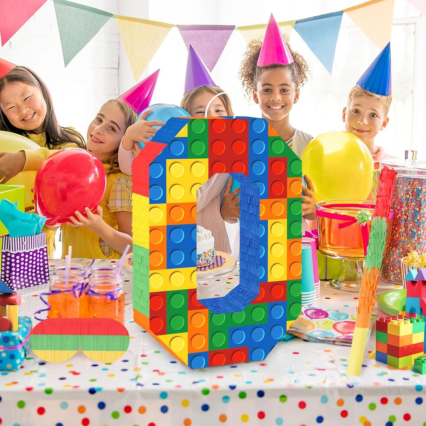 Number 7 Pinata Building Blocks with Pinata Stick Blindfold 7th Birthday Party Decorations Happy Birthday Building Block Theme Anniversary Party Supplies for Kids (Small, 16 x 10.6 x 3 in)