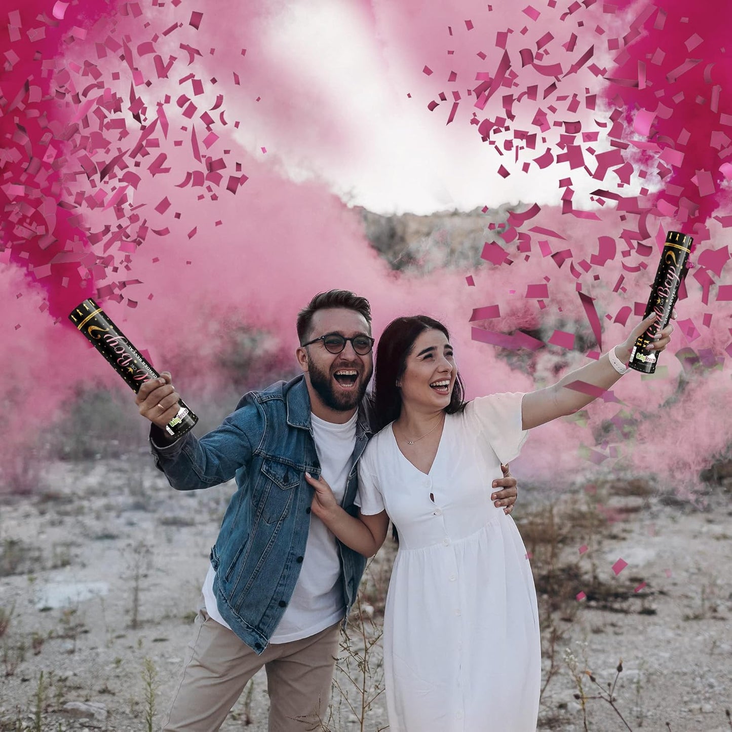 Gender Reveal Confetti Powder Cannon - Biodegradable Blue & Pink Poppers for Baby Shower Party Decorations - He or She What Will it Bee - 2 Pink Sticks