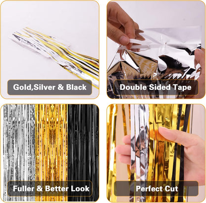 2 Pack 3.2ft x 8.2ft Silver Metallic Tinsel Foil Fringe Curtains, Door Streamer Photo Booth Backdrop for Birthday Graduation Engagement Bridal Shower Bachelorette Baby Shower Party Decorations
