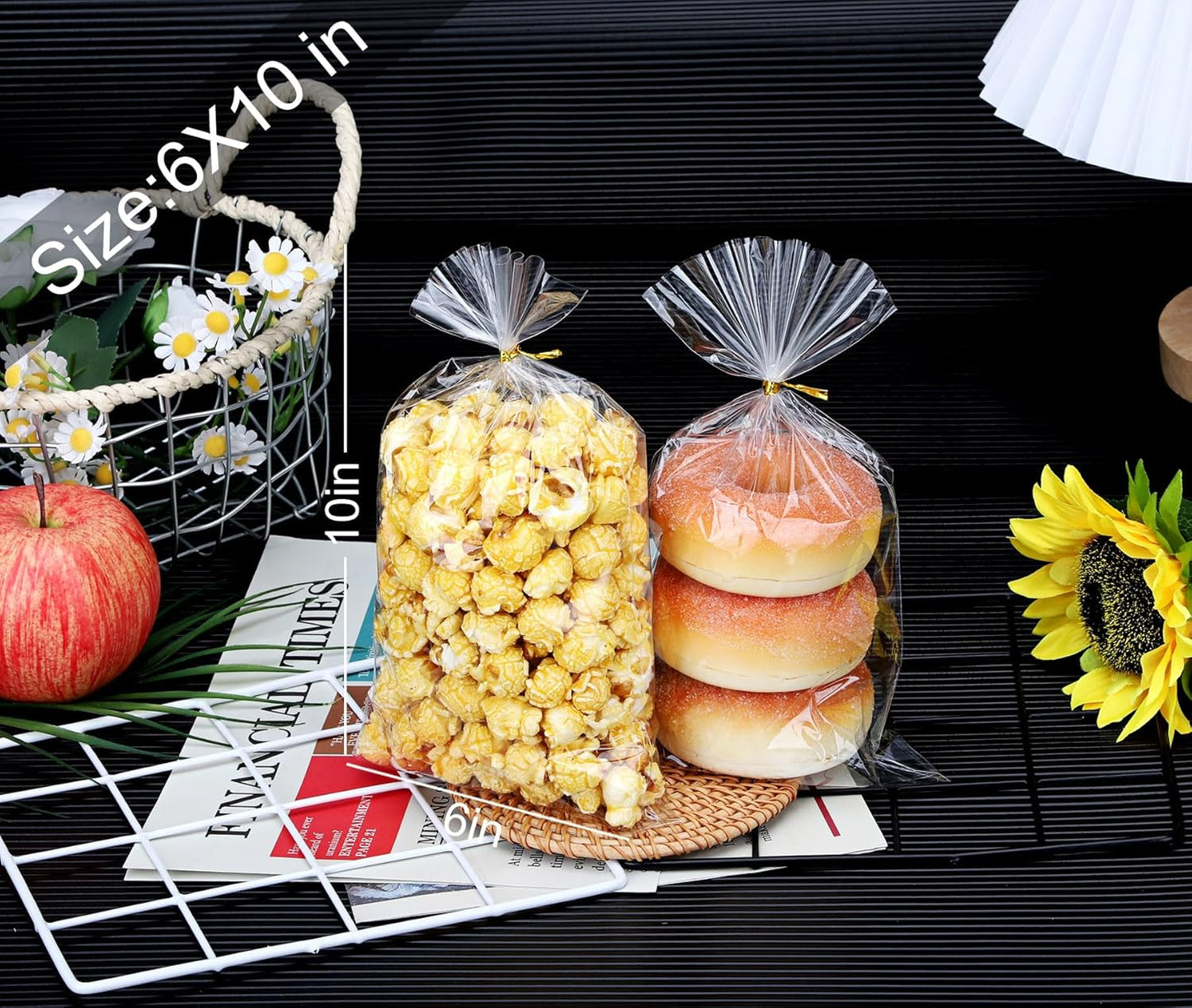 Clear Candy Bags 100pcs 6X10 Cellophane Treat Bag Party Favor Goodie Cake Pop Gift Apple Cello for Gift Baskets Bakery Cookie with Ties