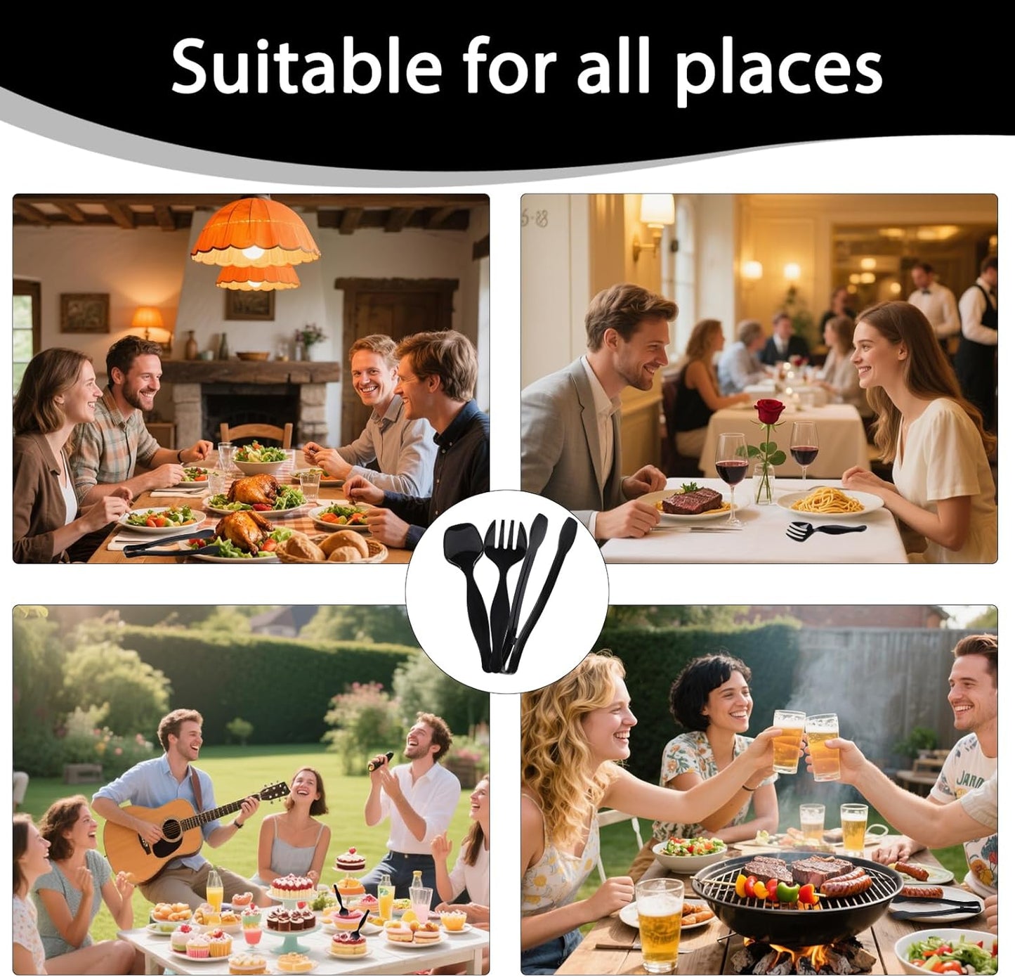 75 Pcs Plastic Serving Utensils, Disposable Black Heavy Duty Serving Spoons, Forks, and Tongs for Parties, Buffets, Banquets, Weddings, Birthdays, and Daily Use