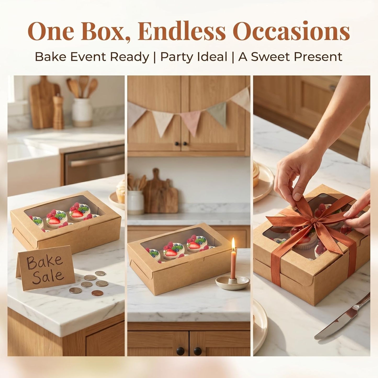 Jucoan 50 Pack Kraft Cupcake Box with Insert and Window Hold 6 Standard Cupcake, Food Grade Cupcake Carrier Container, Brown Bakery Box for Pastry, Cookies, Small Cake, Desserts Treat