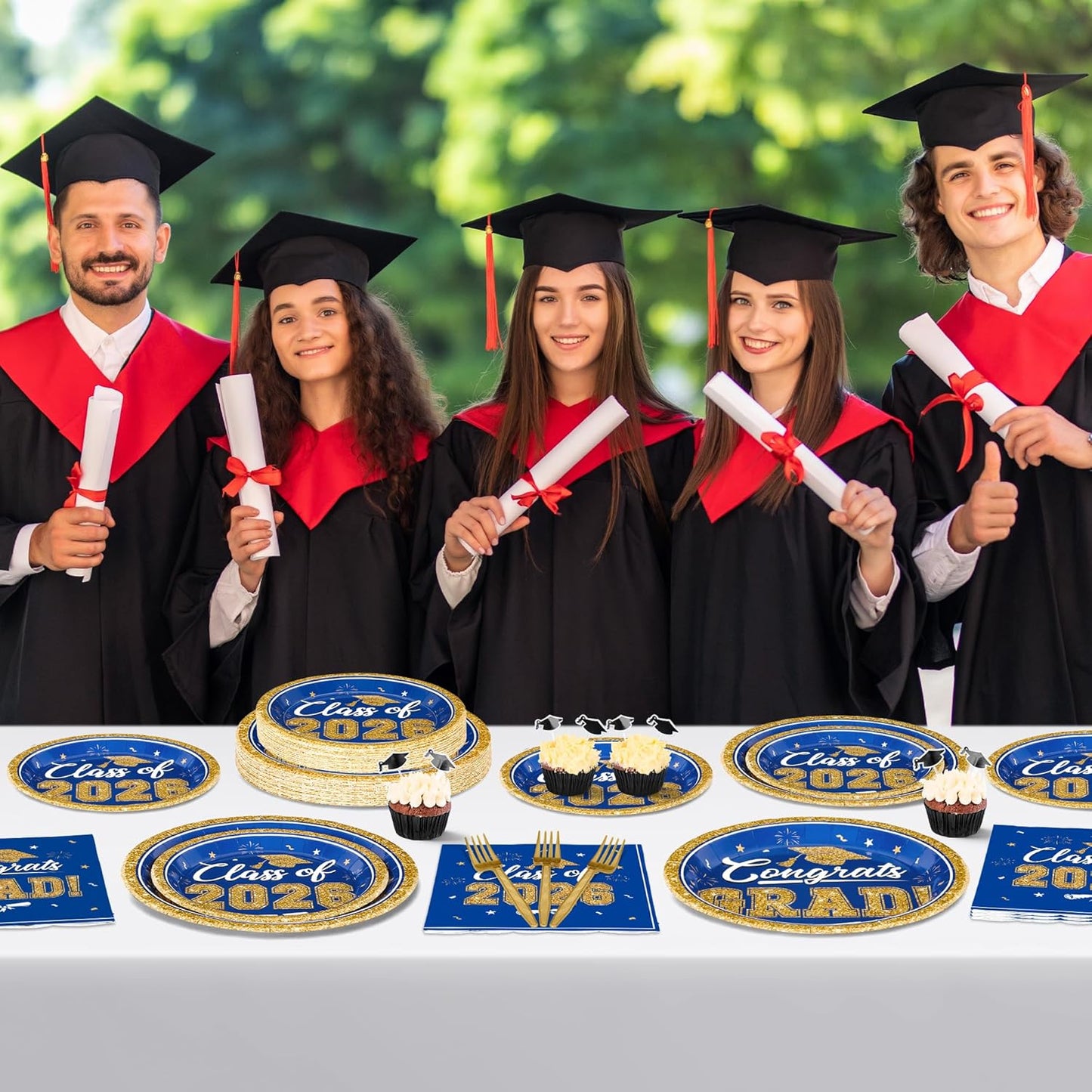 200Pcs Graduation Decorations 2026, Blue Graduation Plates and Napkins Party Supplies for 50 Guests, Disposable Grad Plates, Napkins, Dessert Plates and Forks for Grad Decor Wedding Birthday Supplies