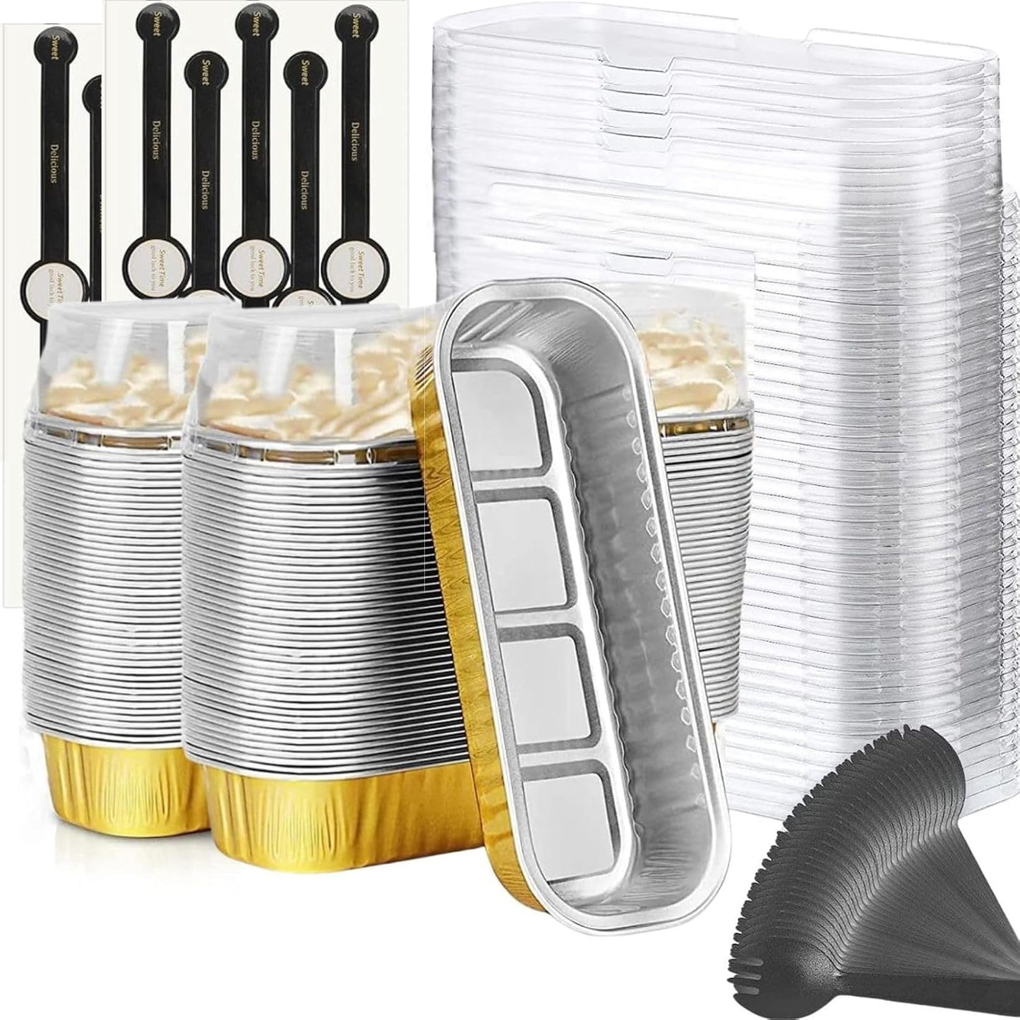 Findful Mini Loaf Baking Pans with Lids and Spoons (50 Pack, 6.8oz) Rectangle Aluminum Foil Baking Pans Tins Containers - Cupcake Containers Wrappers Cheesecake Creme Brulee Ramekins