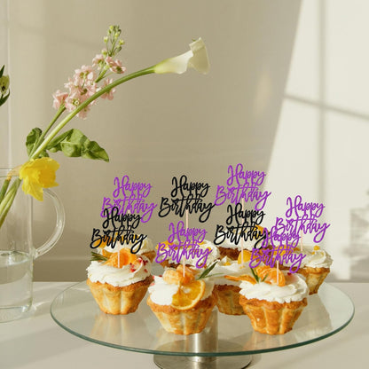 24 PCS Happy Birthday Cupcake Toppers Glitter Picks for Celebrating Anniversary Theme Party Cake Decorations Supplies Gold