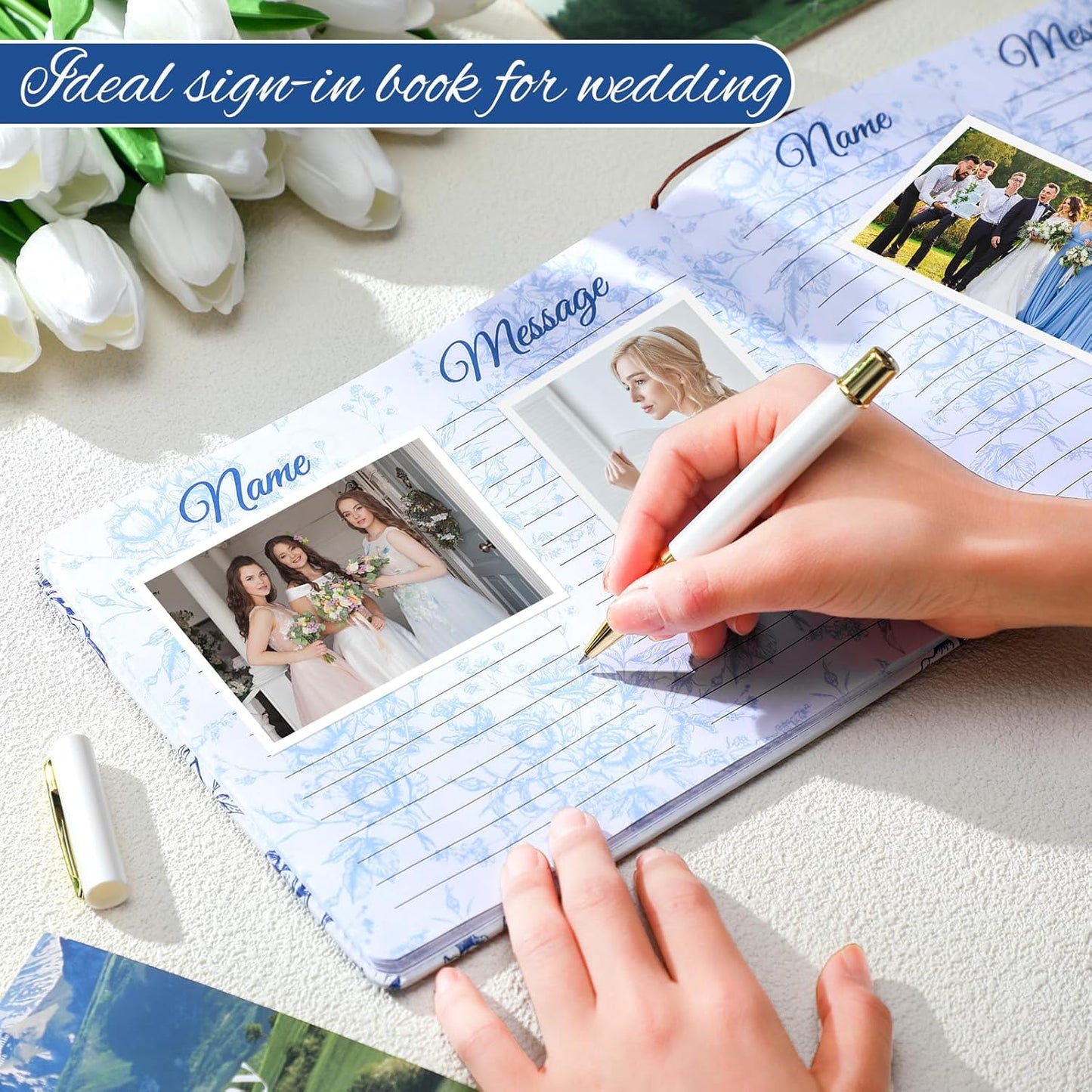 Panelee Wedding Guest Book with Pen Set Elegant Guest Sign in Books Bridal Shower Guestbook Beautiful Guest Book Wedding Reception Guestbook for Wedding (Flower, Blue)