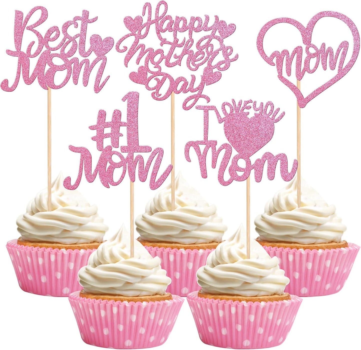 24 PCS Happy Mother's Day Cupcake Toppers with Glitter Heart Love Mother Best Mom Cupcake Picks for Happy Mother's Day Theme Women Birthday Party Cake Decorations Supplies Rose Gold