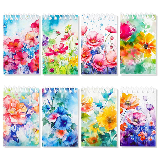 Konsait Watercolor Flower Notepads, Flower Mini Spiral Notebook Message Reminder for Office School Supplies Floral Notebook Writing Pads for Student Classroom Rewards Party Favors (8 Pieces)