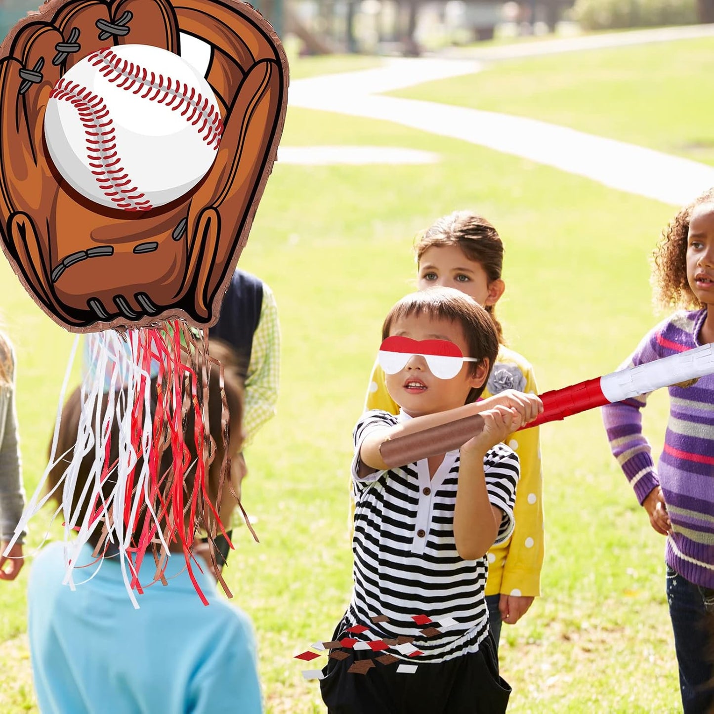 Baseball Piñata with Blindfold Bat for Birthday Party Softball Paper Piñata Sports Balls Confetti Baseball Party Supplies for Birthday Party Decorations 13.19 x 13.19 x 3 Inch(Cool)