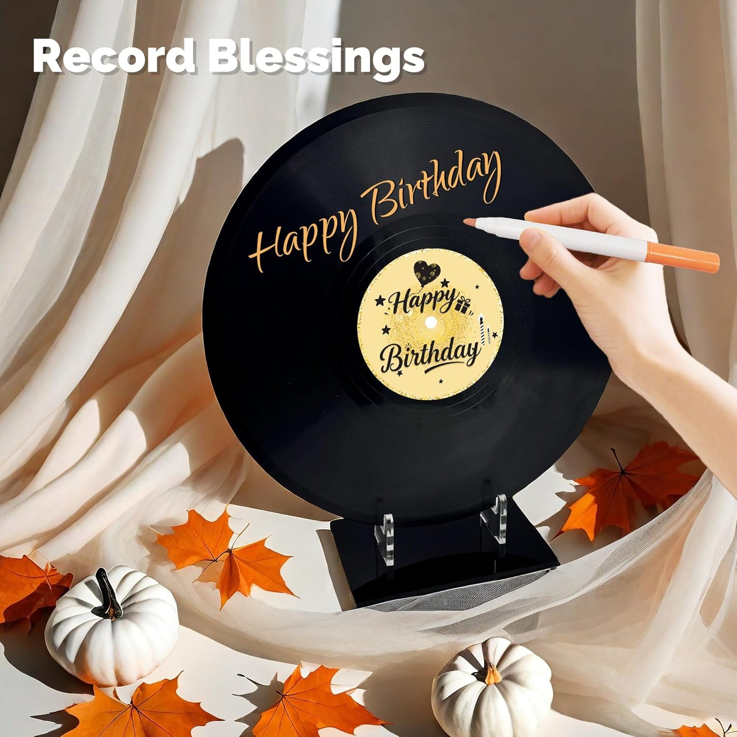 REEGII Vinyl Record Style Birthday Guest Book for Birthday Decorations - Large 11.6"x11.6" Sign-In Poster with 12 Pens | Unique Keepsake Gift for Birthday Party Decor (Happy Birthday, Golden, 11.6"L x 11.6"W)