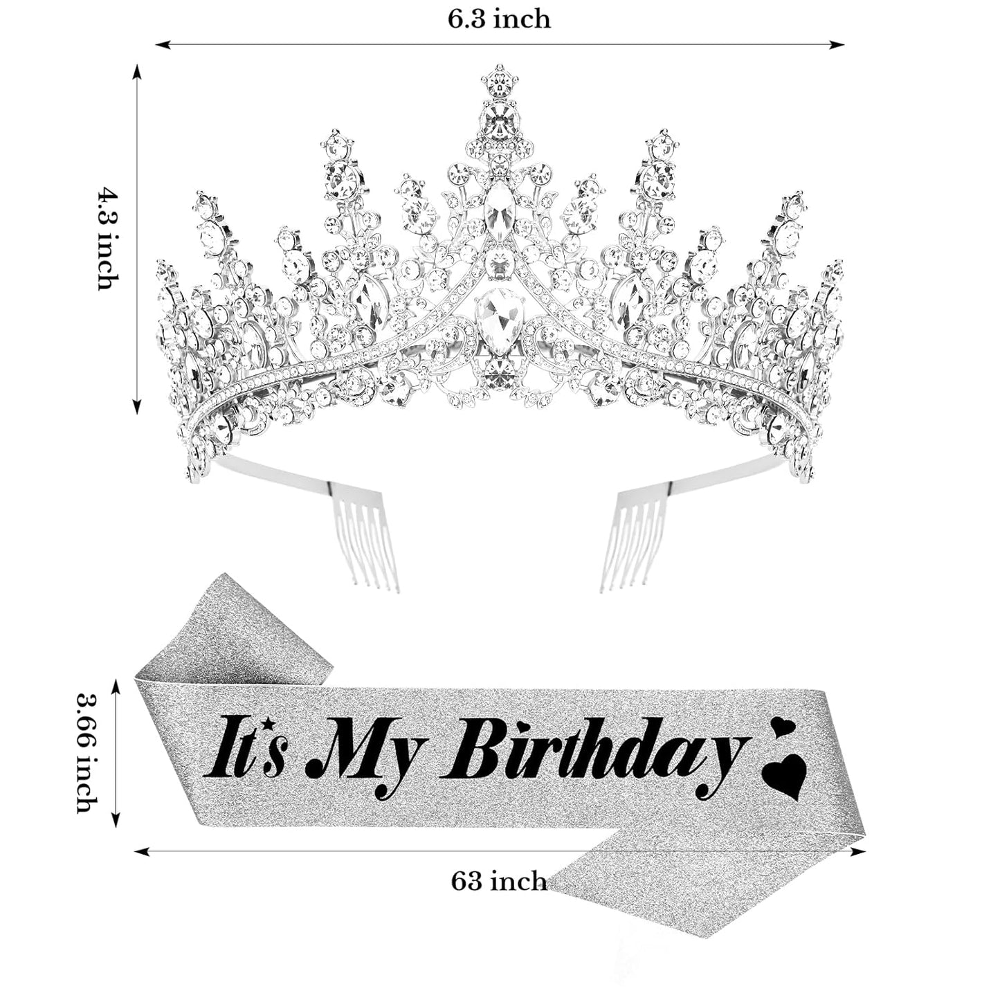 CURASA Birthday Tiara and Sash - Silver Birthday Crown for Women, Perfect for Parties and Celebrations