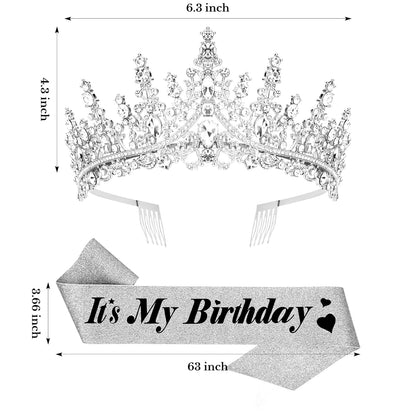 CURASA Birthday Tiara and Sash - Silver Birthday Crown for Women, Perfect for Parties and Celebrations