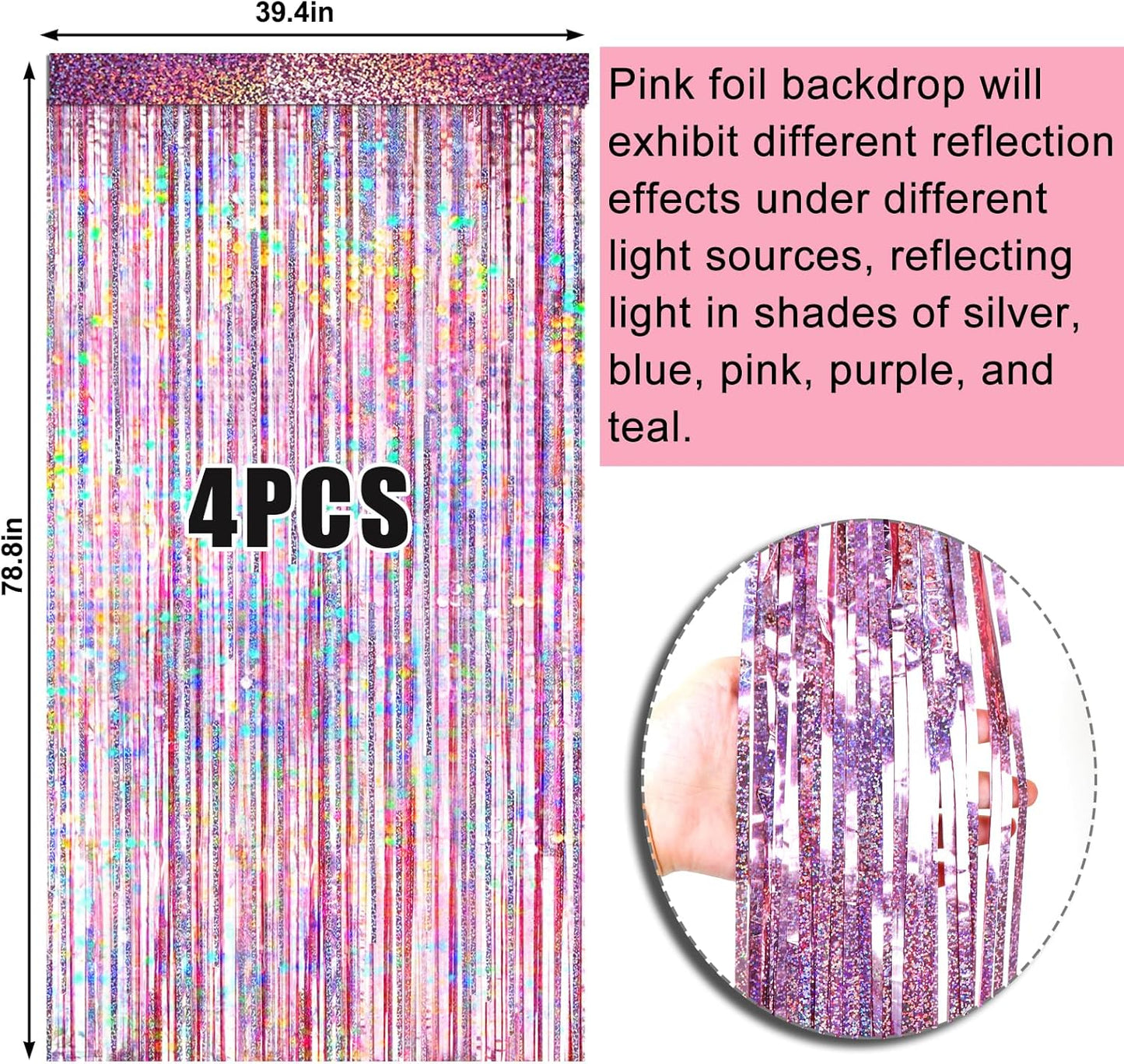 4 Packs Silver Foil Fringe Curtain, Silver Glitter Metallic Tinsel Backdrop for Birthday, Wedding, Baby Shower, Bachelorette, 70s 80s 90s Theme Disco Party, Iridescent Party Decorations Supplies