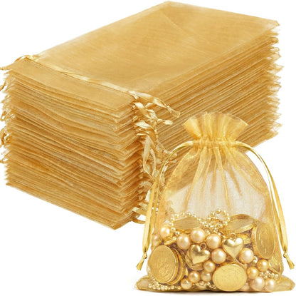 FUNFERY 100 Pcs White Organza Bags 3x4 in, Small Mesh Drawstring Gift Bags for Sachet, Jewelry, Wedding Favor, Candy Goodie Treat Bag,Easter Day
