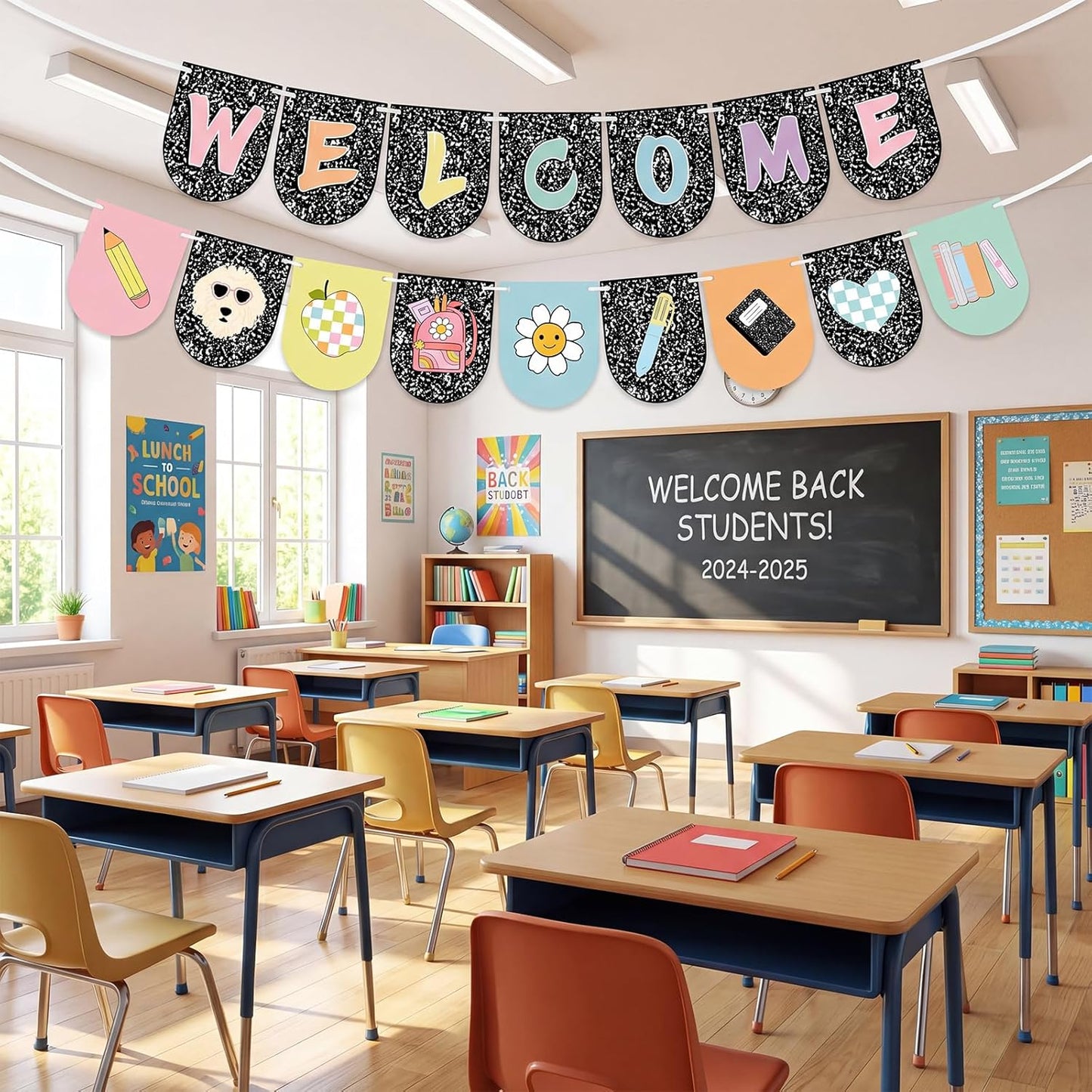 Welcome Back to School Banner, Composition Notebook Classroom Decor, First Day of School Banner Welcome Sign for Classroom Decorations Office Home Decor Party Supplies