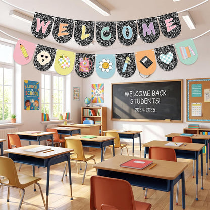 Welcome Back to School Banner, Composition Notebook Classroom Decor, First Day of School Banner Welcome Sign for Classroom Decorations Office Home Decor Party Supplies
