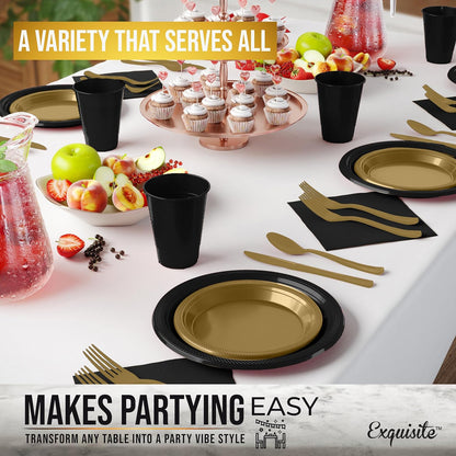 350 Pcs Black Plastic Plates For Party, Black Disposable Plates Set, 50 Of Each 9" Dinner Plate Set, 7" Dessert Plate, Cups, Napkins & Cutlery Plastic Dinnerware Set Exquisite