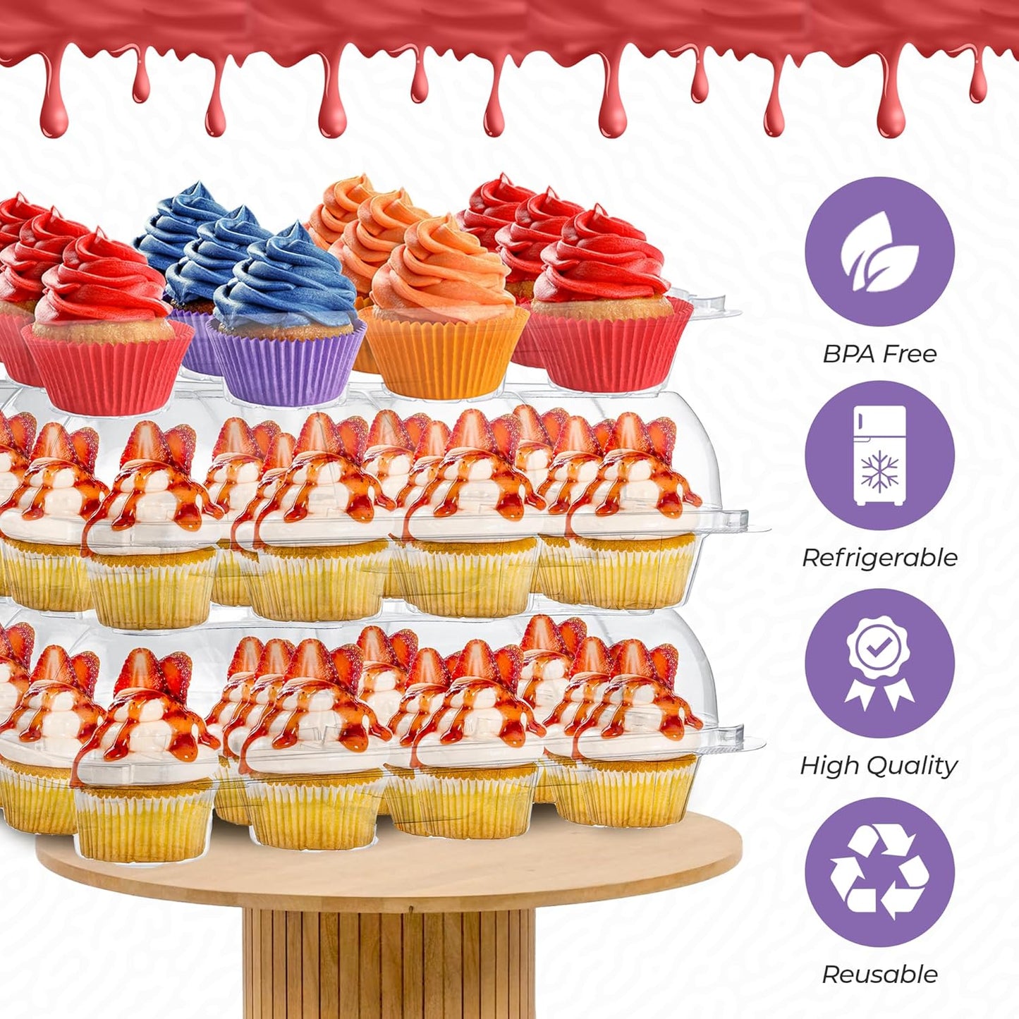 Plastic Cupcake Containers Boxes | 12 Compartment – 8 Pack | Disposable High Dome Dozen Cupcake Holder With Lid Bulk | Extra Sturdy Stackable Cupcake Boxes | Durable Muffin Packaging Transporter To Go
