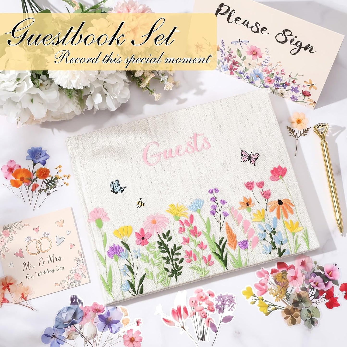 Ctosree Wedding Guest Book with Pens Wildflowers Embroidered Fabric Photo Album, Hard Cover Guest Book Wedding Reception for Baby Shower, Party, Bridal Shower(Colorful,8.3 * 6 Inch)