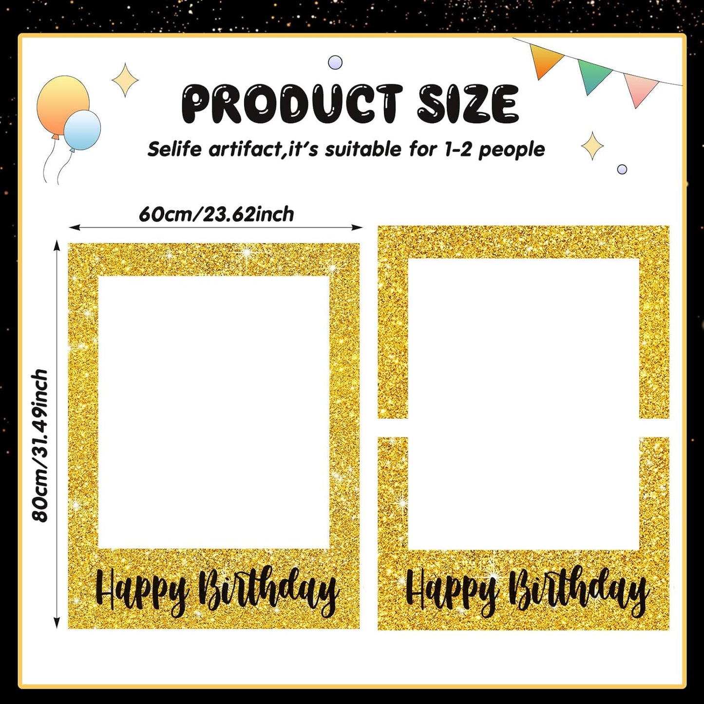 Beeveer 32 x 24 Inch Extra Large Happy Birthday Photo Booth Selfie Frame Props Picture DIY Cutouts Photo Backdrop Cardboard Props for Party Supplies Favors(Vertical,Shiny Gold)