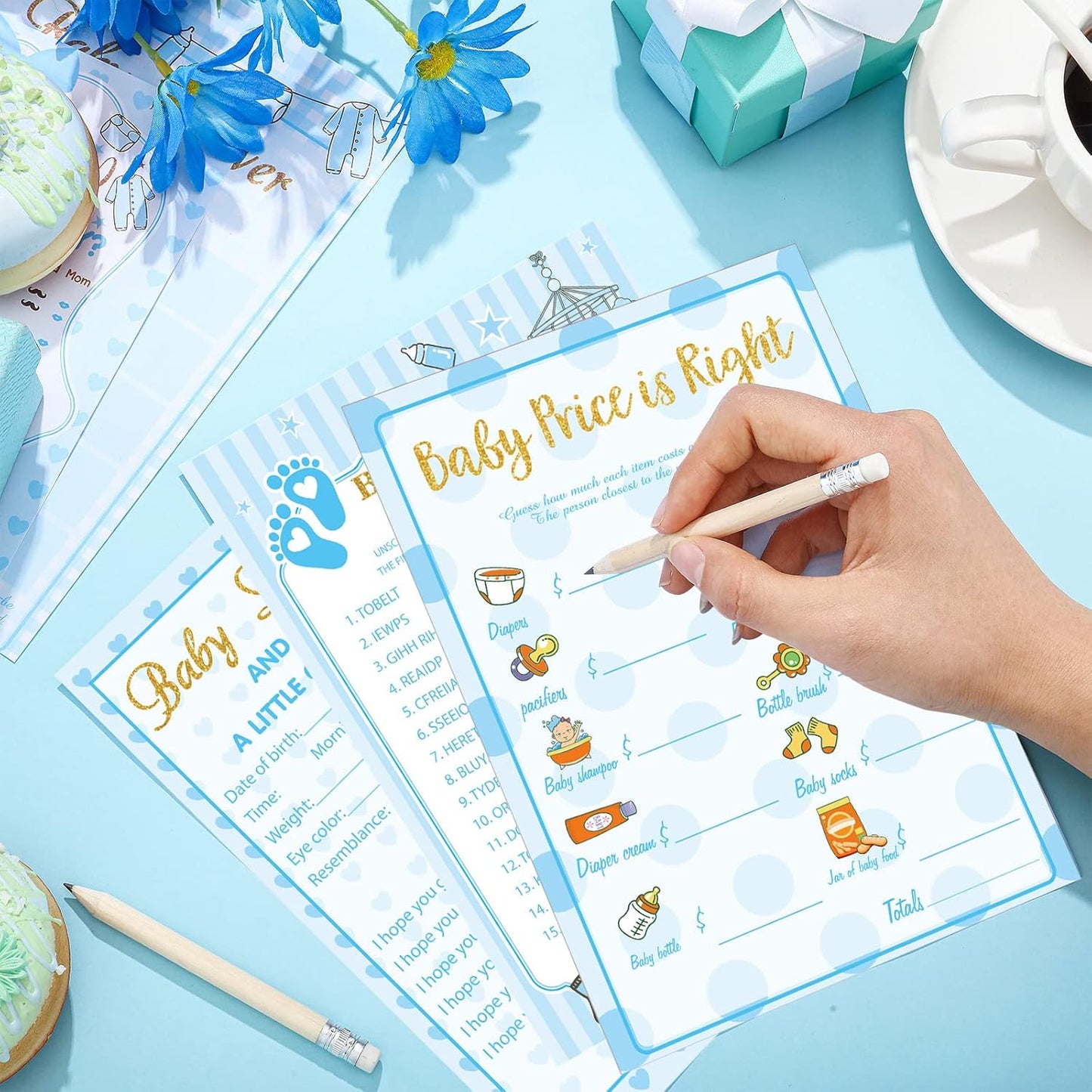 Yinder 145 Pcs Baby Shower Games Activities Cards with 20 Pencils Includes Baby Bingo Description and Wishes Guess Who Price is Right Word Scramble Game(Here Comes the Son)