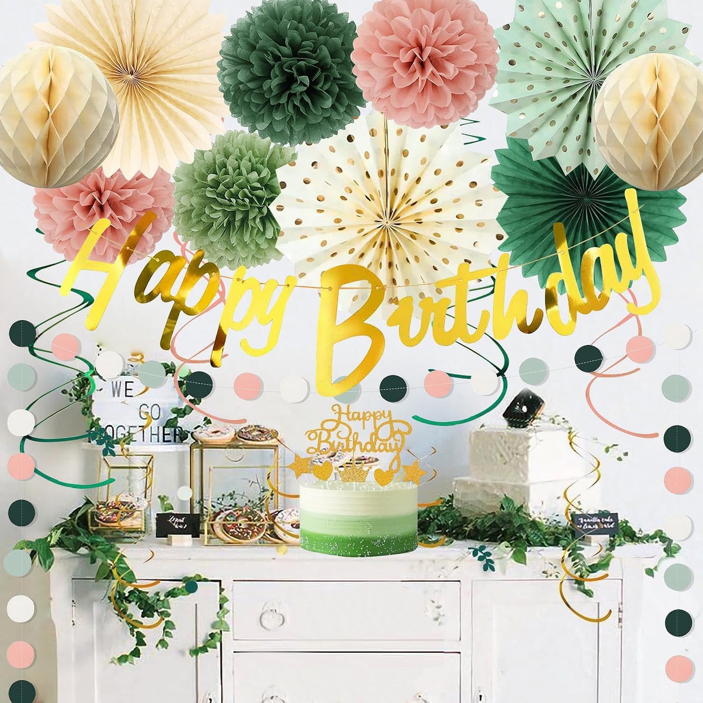 Sage Green and Pink Gold Birthday Party Decorations Kits with Happy Birthday Banner,Circle Dots Garland, Flower Pom poms,Honeycom Ball,Paper Fan,Swirls Hanging for Women Girls Decor Supplies