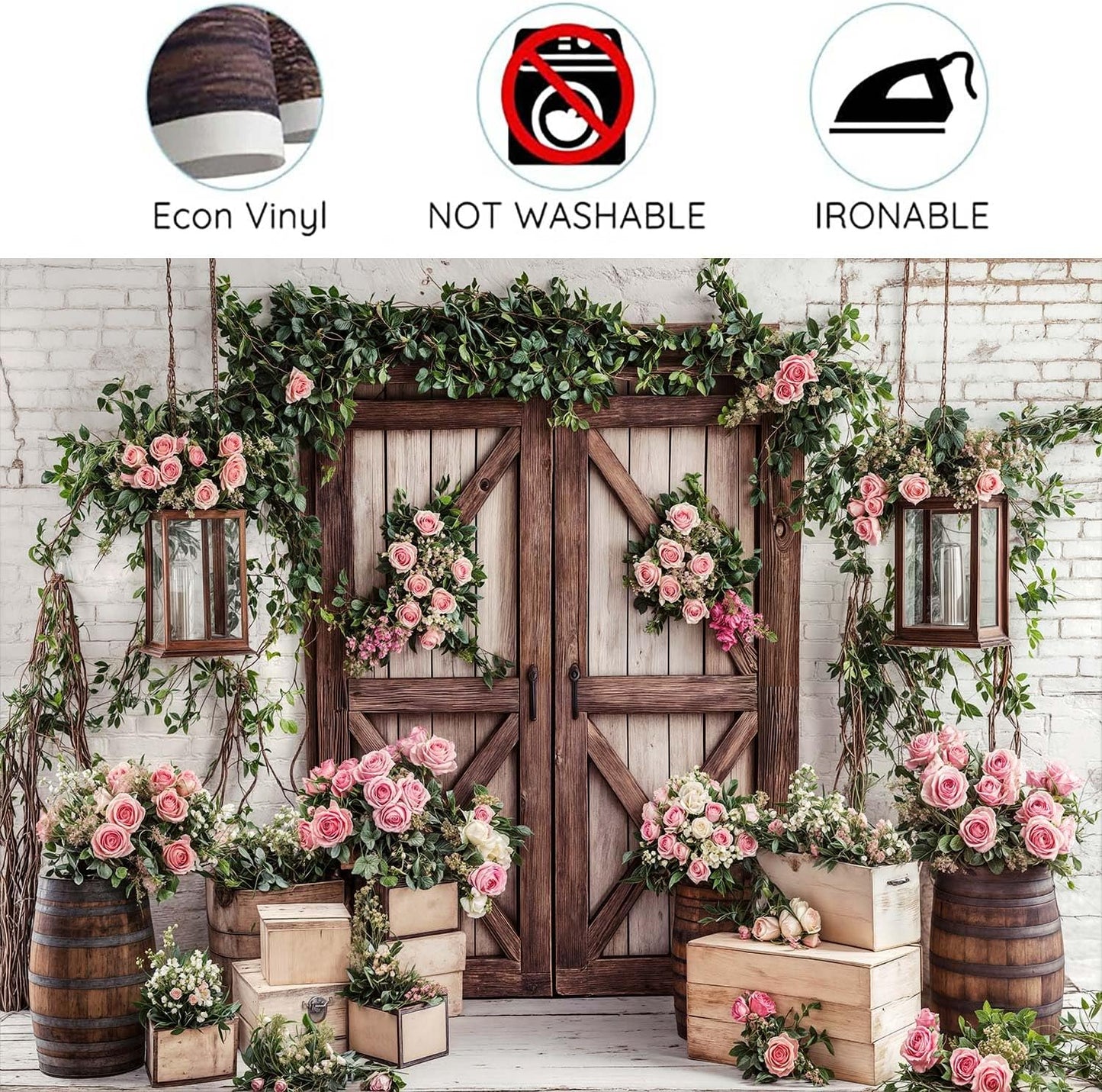10x8ft Country Wedding Photography Backdrop Rustic Barn Door Photography Backdrop Farmhouse Pink Flower Cabin Wooden Birthday Baby Shower Wedding Bridal Party Banner Photo Booth Props Background