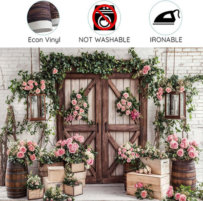 10x8ft Country Wedding Photography Backdrop Rustic Barn Door Photography Backdrop Farmhouse Pink Flower Cabin Wooden Birthday Baby Shower Wedding Bridal Party Banner Photo Booth Props Background