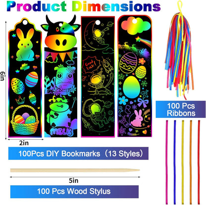 100 Sets Scratch Art Bookmark Making Kit, DIY Animal Bulk Bookmarks with 100PCS Ribbons and 100PCS Wood Stylus for Kids 4-14 Years Old Students Classroom Prizes Gifts & Party Favors, 13 Styles