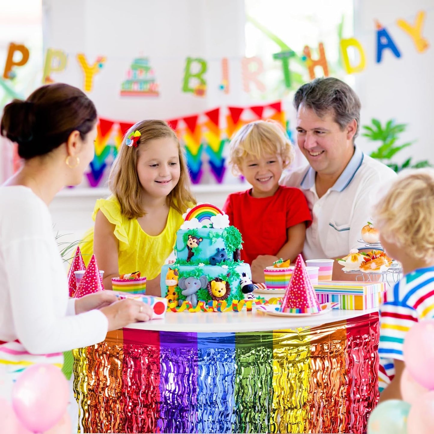 LOLStar Rainbow Party Decorations, 2 Pack Wavy Metallic Tinsel Foil Fringe Table Skirts, Perfect Table Decors for Birthday Holiday Wedding Engagement Bridal Shower Pride Party Cartoon Party