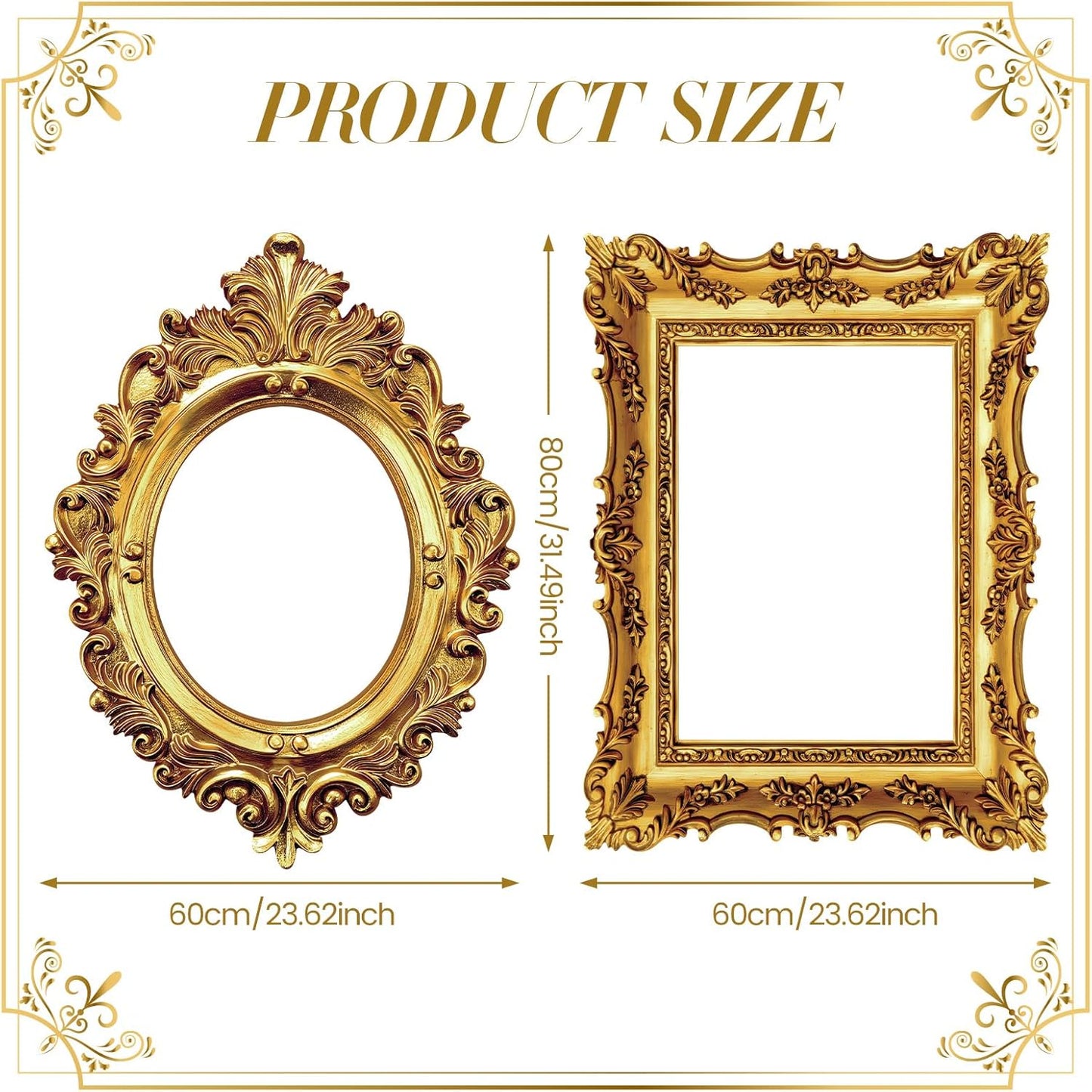 2 Pcs 32 x 24 Inch Large Photo Booth Props Gold Wedding Selfie Frame Vintage Photo Frame Picture Friends Selfie Props for Bachelorette Birthday 1920s Party Supplies, Rectangle and Oval