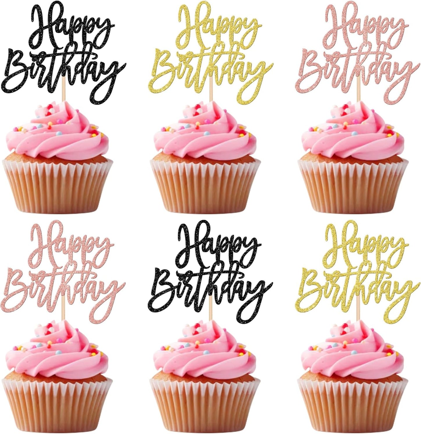24 PCS Happy Birthday Cupcake Toppers Glitter Picks for Celebrating Anniversary Theme Party Cake Decorations Supplies Gold