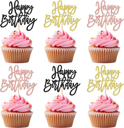 24 PCS Happy Birthday Cupcake Toppers Glitter Picks for Celebrating Anniversary Theme Party Cake Decorations Supplies Gold