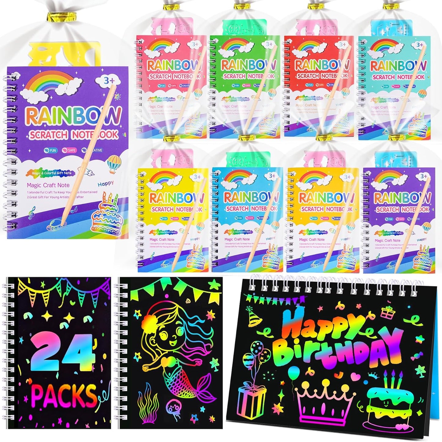 Elover Party Favors for Kids 4-8-12: 24 Pack Scratch Rainbow Art Crafts Notebook, Coloring Book Goodie Bags Stuffers Kit, Bulk Birthday Gift Classroom Prizes Girl Boy Toddler