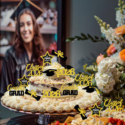 48 PCS Graduation Cupcake Toppers, Glittery 6 Styles Congrats Grad Cake Topper, Black and Red Graduation Decorations 2026, Cap and Diploma Cake Picks for Grad Party Supplies
