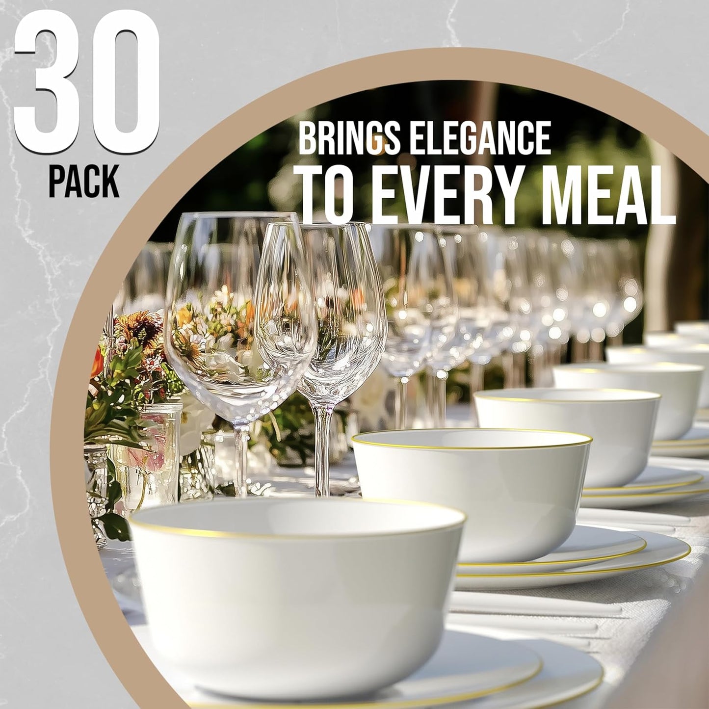 White Gold Rim Disposable Plastic Bowls - 16 Oz, 30 Count - Large, Heavy Duty - Perfect for Weddings & Parties