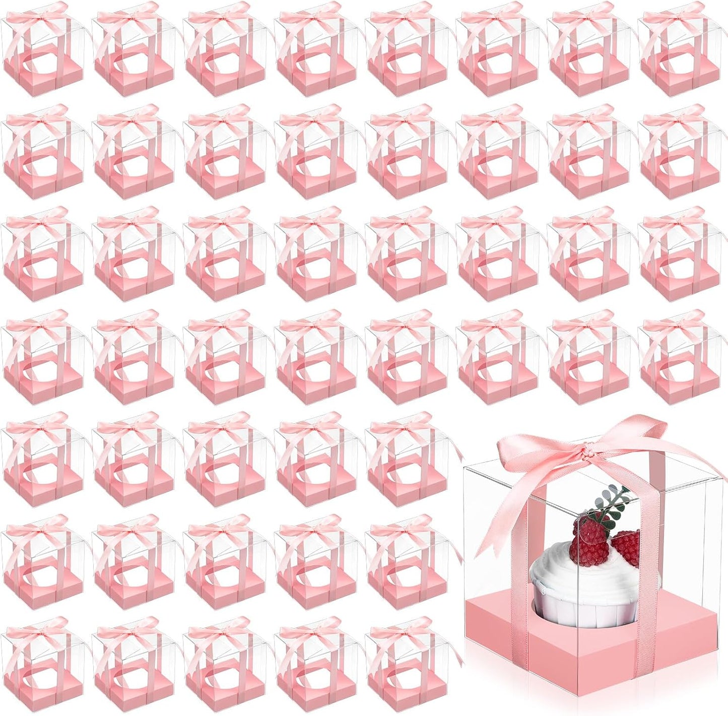 Thenshop 50 Pcs Clear Cupcake Boxes Individual 3.5 Inch Plastic Single Cupcake Containers Boxes with Inserts and Ribbon Individual Cake Storage Holders for Cake Kitchen(Dark Blue)