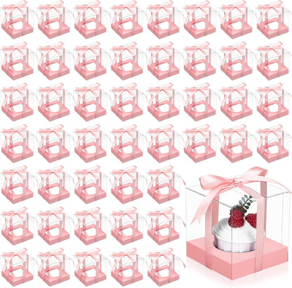 Thenshop 50 Pcs Clear Cupcake Boxes Individual 3.5 Inch Plastic Single Cupcake Containers Boxes with Inserts and Ribbon Individual Cake Storage Holders for Cake Kitchen(Dark Blue)