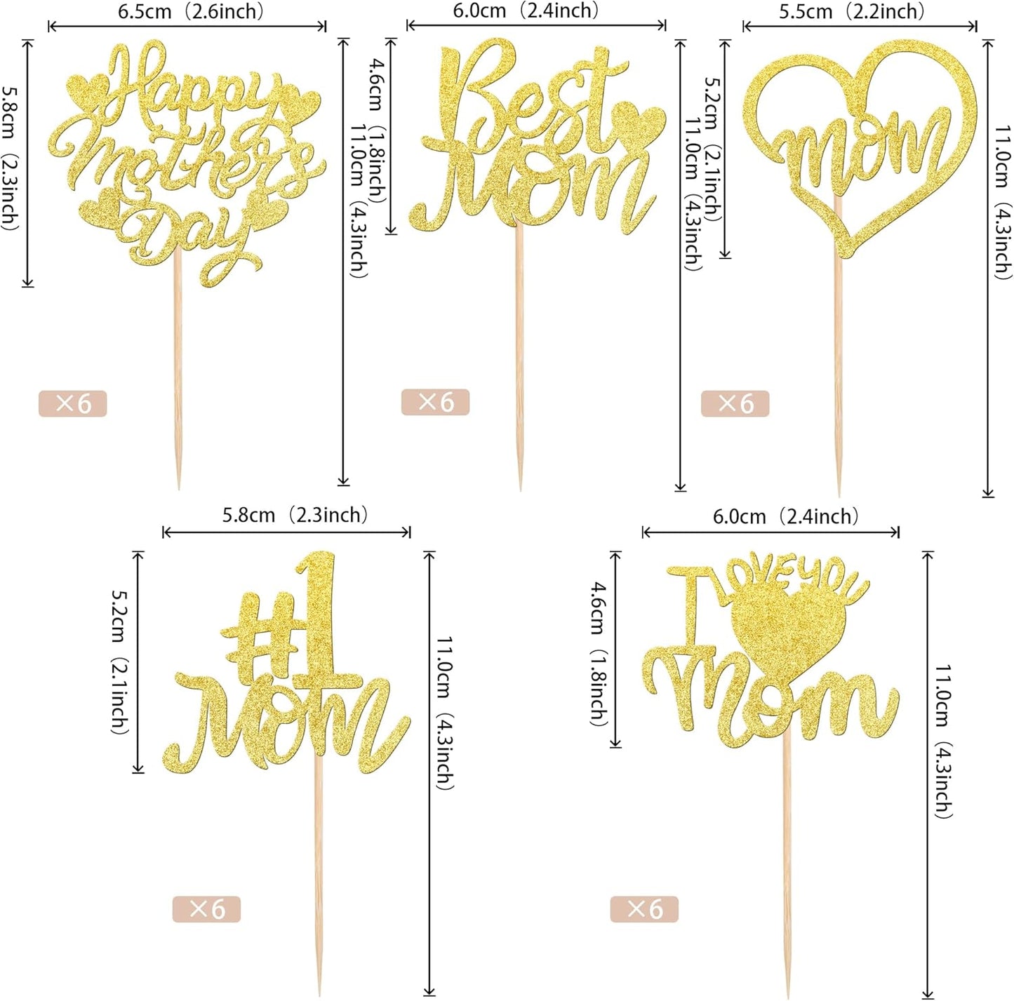 24 PCS Happy Mother's Day Cupcake Toppers with Glitter Heart Love Mother Best Mom Cupcake Picks for Happy Mother's Day Theme Women Birthday Party Cake Decorations Supplies Rose Gold