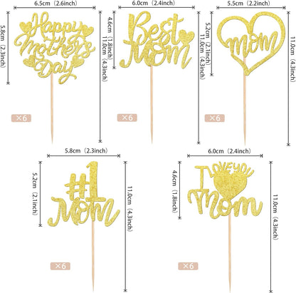 24 PCS Happy Mother's Day Cupcake Toppers with Glitter Heart Love Mother Best Mom Cupcake Picks for Happy Mother's Day Theme Women Birthday Party Cake Decorations Supplies Rose Gold